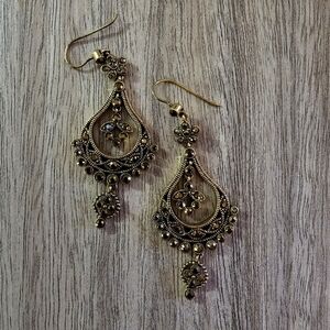 Monet Gold Tone Green Rhinestone Chandelier Dangle Hook Pierced Earrings